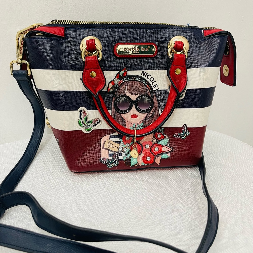 Nicole Lee Navy and Red Satchel with Graphic Design